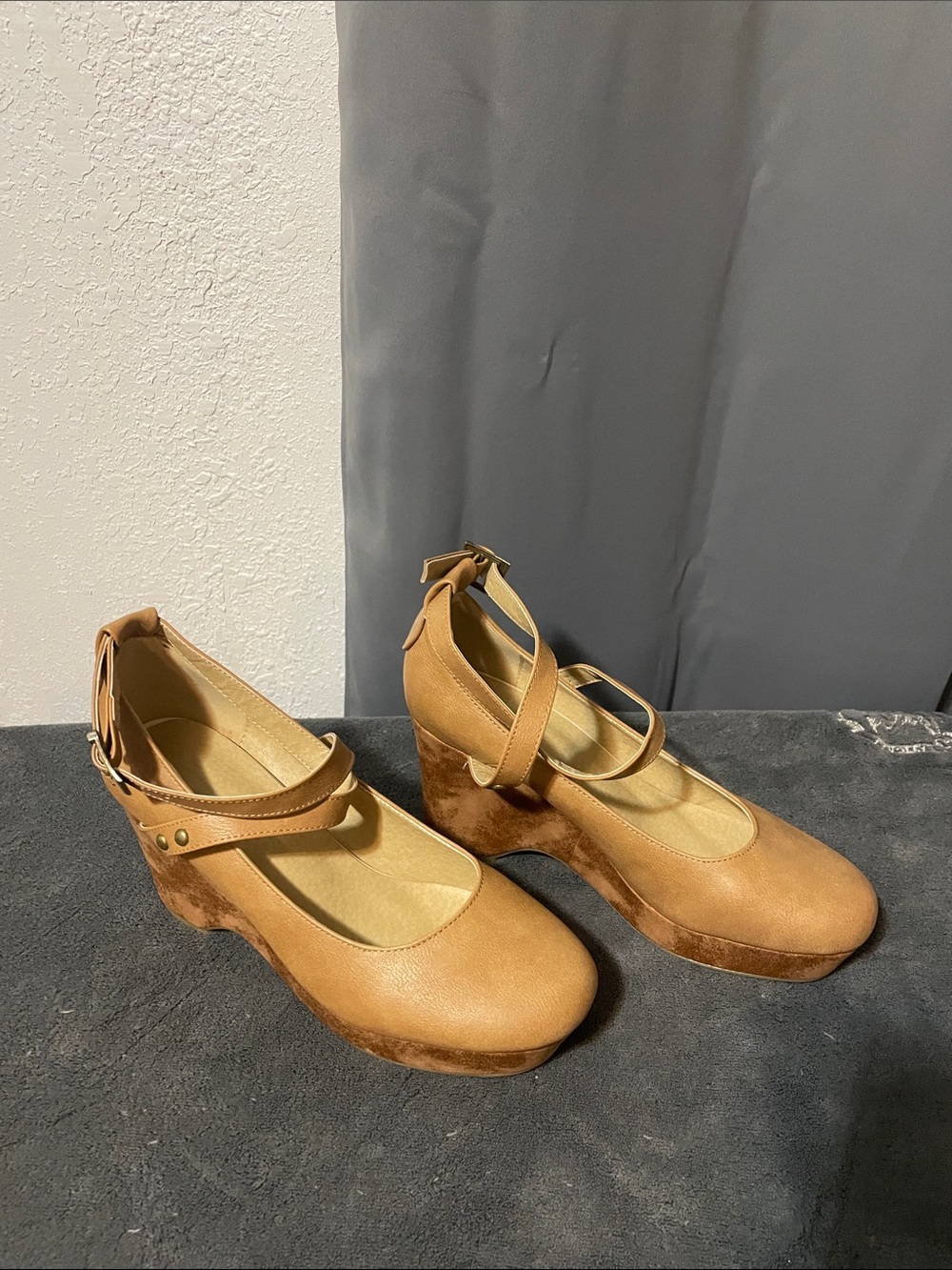 Women’s Tan Mary Jane Wedge Pumps with Ankle Strap NWOT